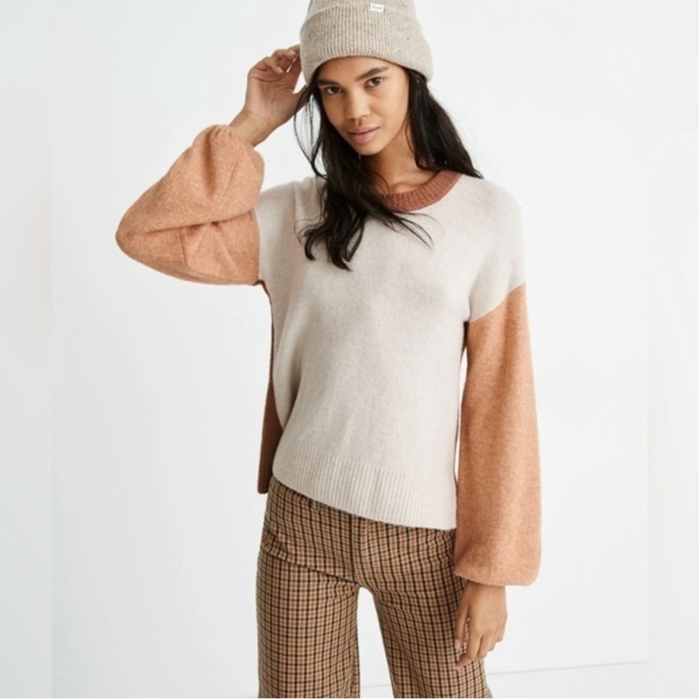 Madewell Cream and Tan Crew Neck Sweater Colorblock Knit merino wool medium